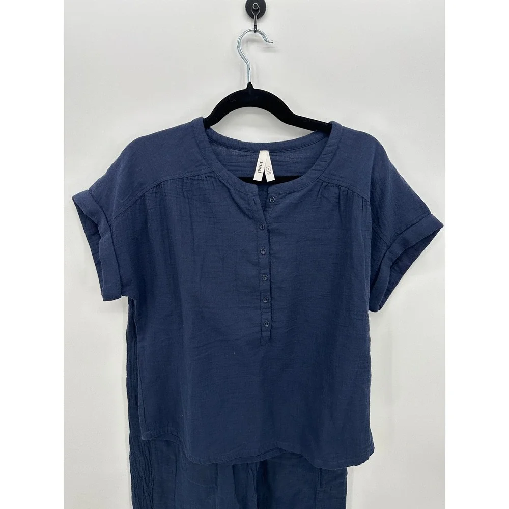 Pact Womens Navy Blue Coastal Double Gauze Set Wide Leg Popover Sustainable